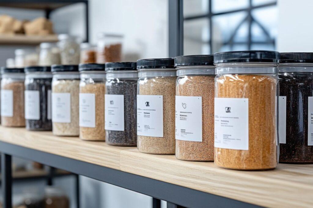 Online Etiketten drucken für klare Produktkennzeichnung: Minimalistische Etiketten auf Vorratsbehältern in Regalansicht