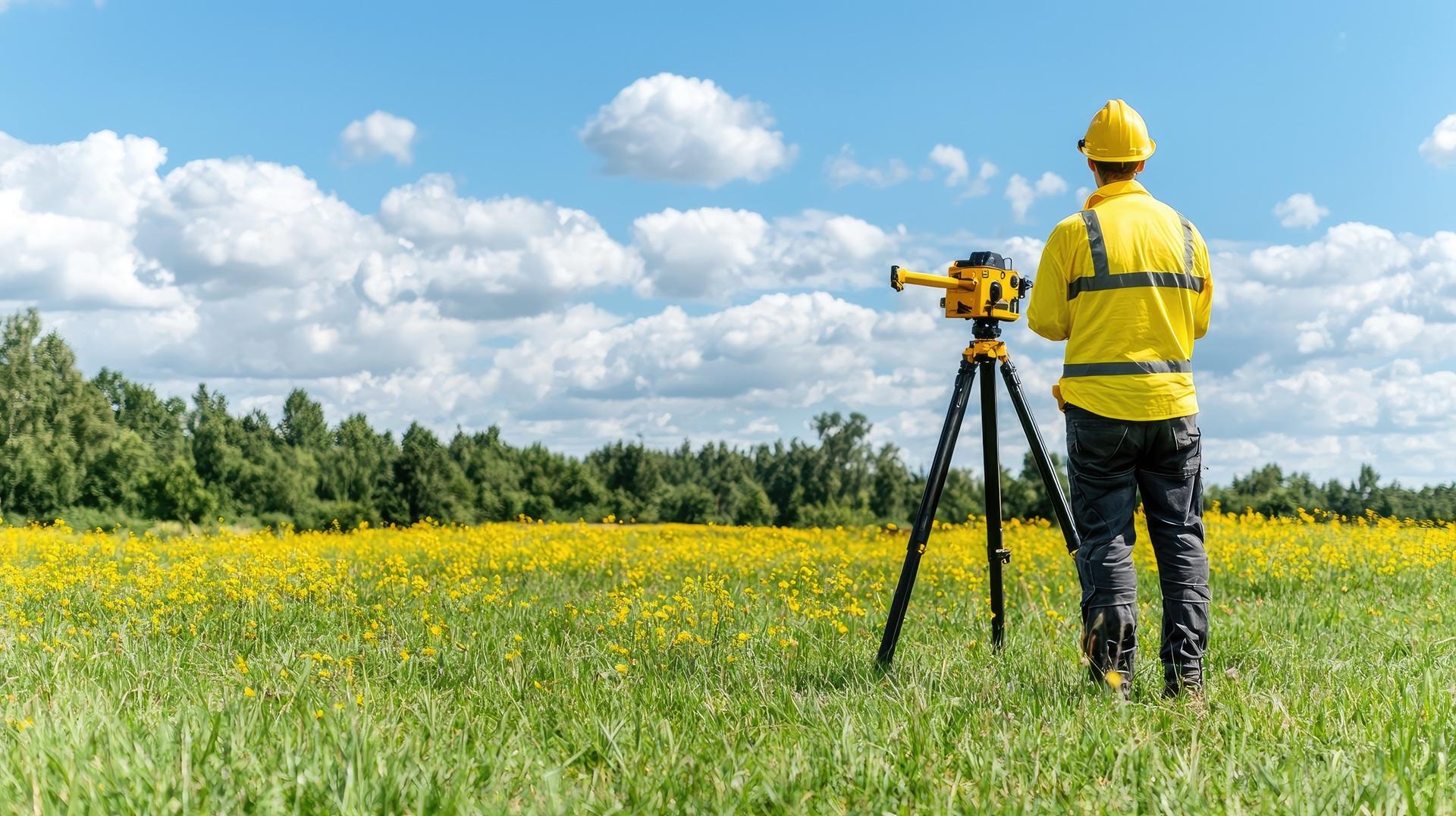 Ingenieur vermisst Wiese mit optischem Messgerät | Landwirtschaft Stellenangebote